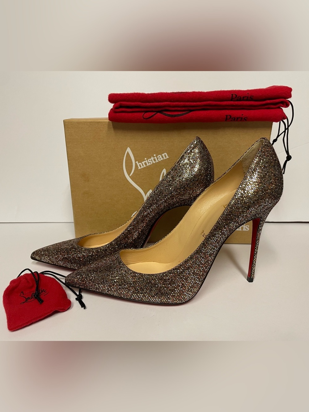 Christian Louboutin Decolette 100 multi Glitter Pointed Toe Pumps heels 39.5